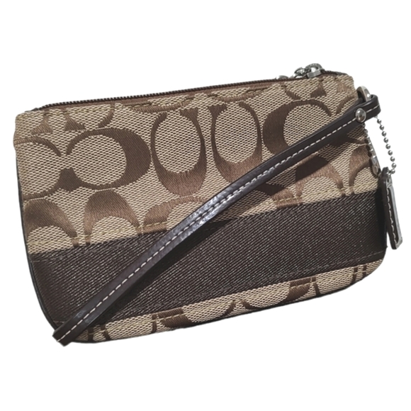 COACH Signature Stripe Small Wristlet Wallet Khaki Mahogany Brown F47790 - Picture 4 of 11